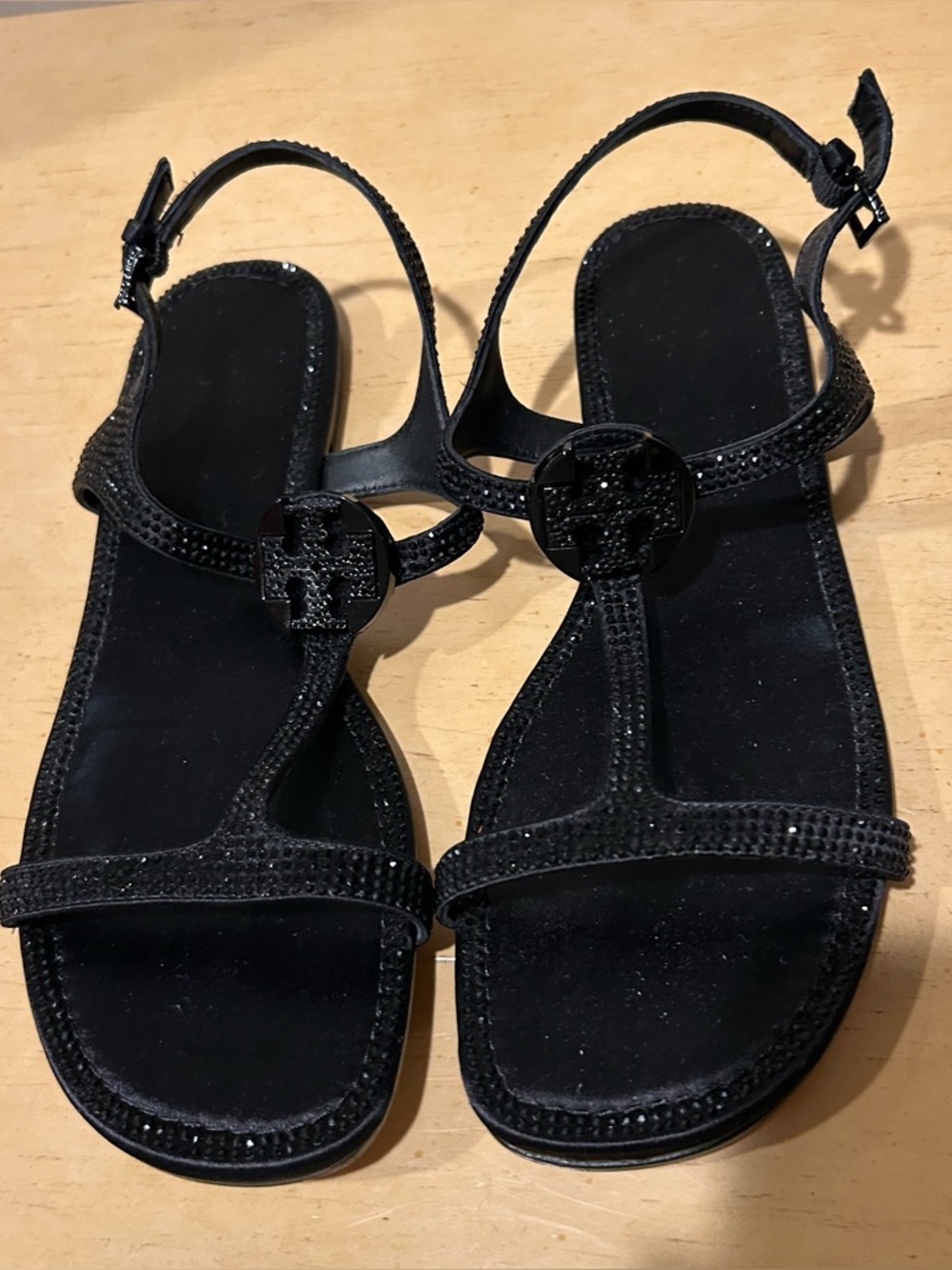 Tory Burch Delphine Crystal embellished black flat sandals in size 8